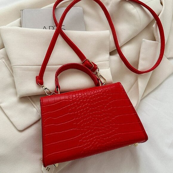 Burgundy Elegant Women's Mini Crocodile Pattern Faux Leather Flap Handbag - Picture 6 of 7